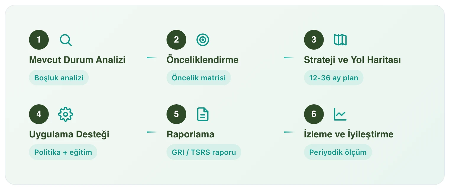 Sürdürülebilirlik danışmanlığı süreci 6 adım: mevcut durum analizi, önceliklendirme, strateji ve yol haritası, uygulama desteği, raporlama, izleme ve iyileştirme